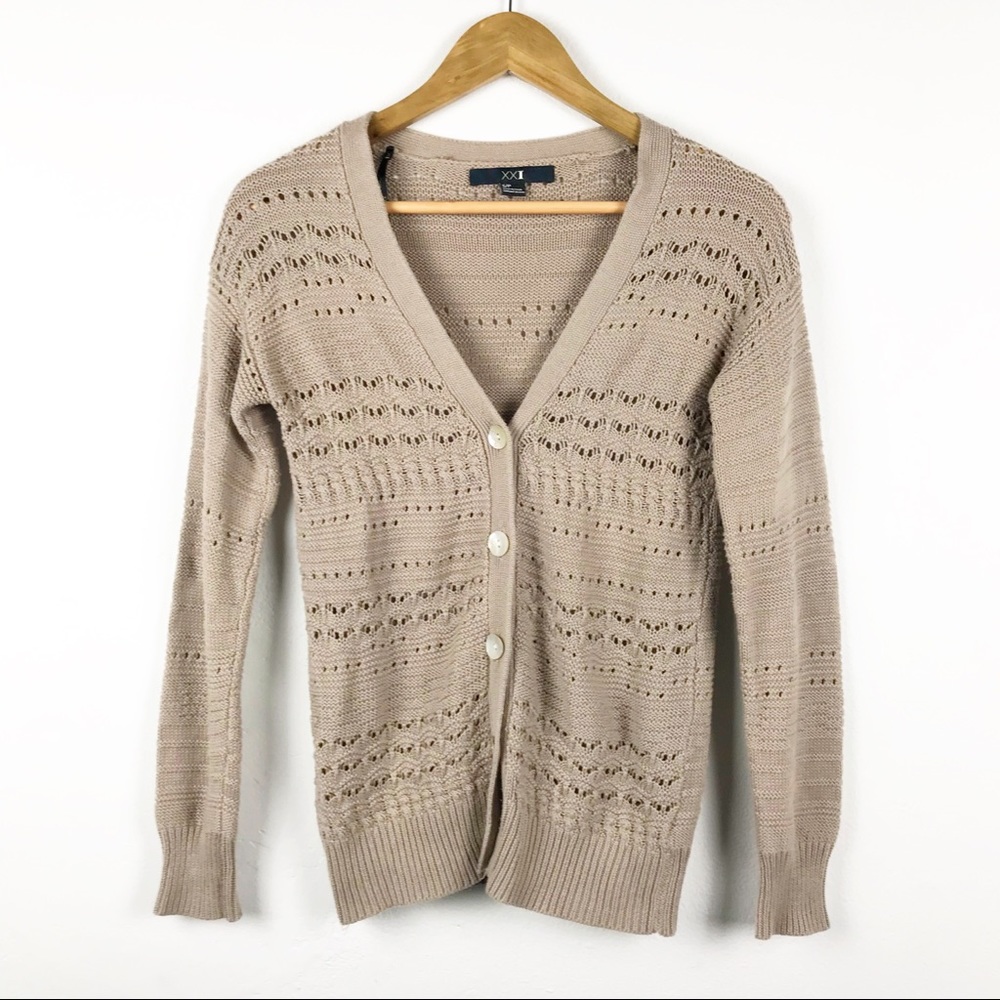 XXI Forever 21 Beige Pointelle Knit Cardigan Sweater Women Small VNeck Button Up